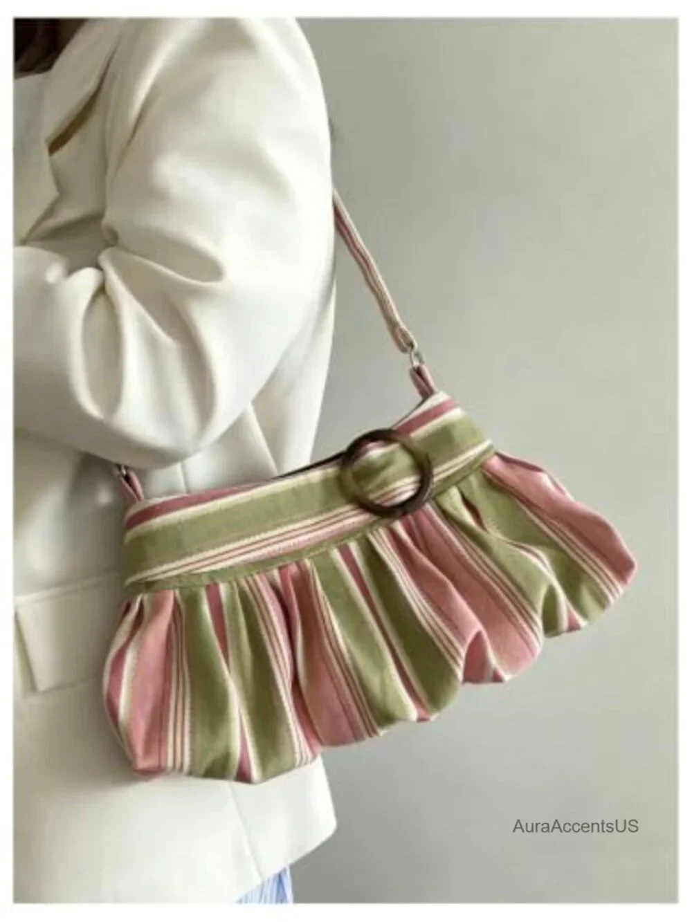 Striped Hobo Handbag Ruched Single Strap Retro Y2K Underarm Purse
